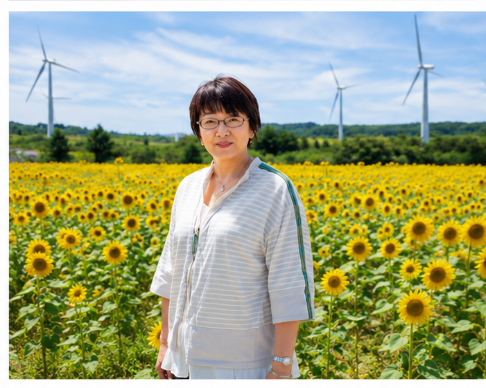 ひまわり畑と風力発電